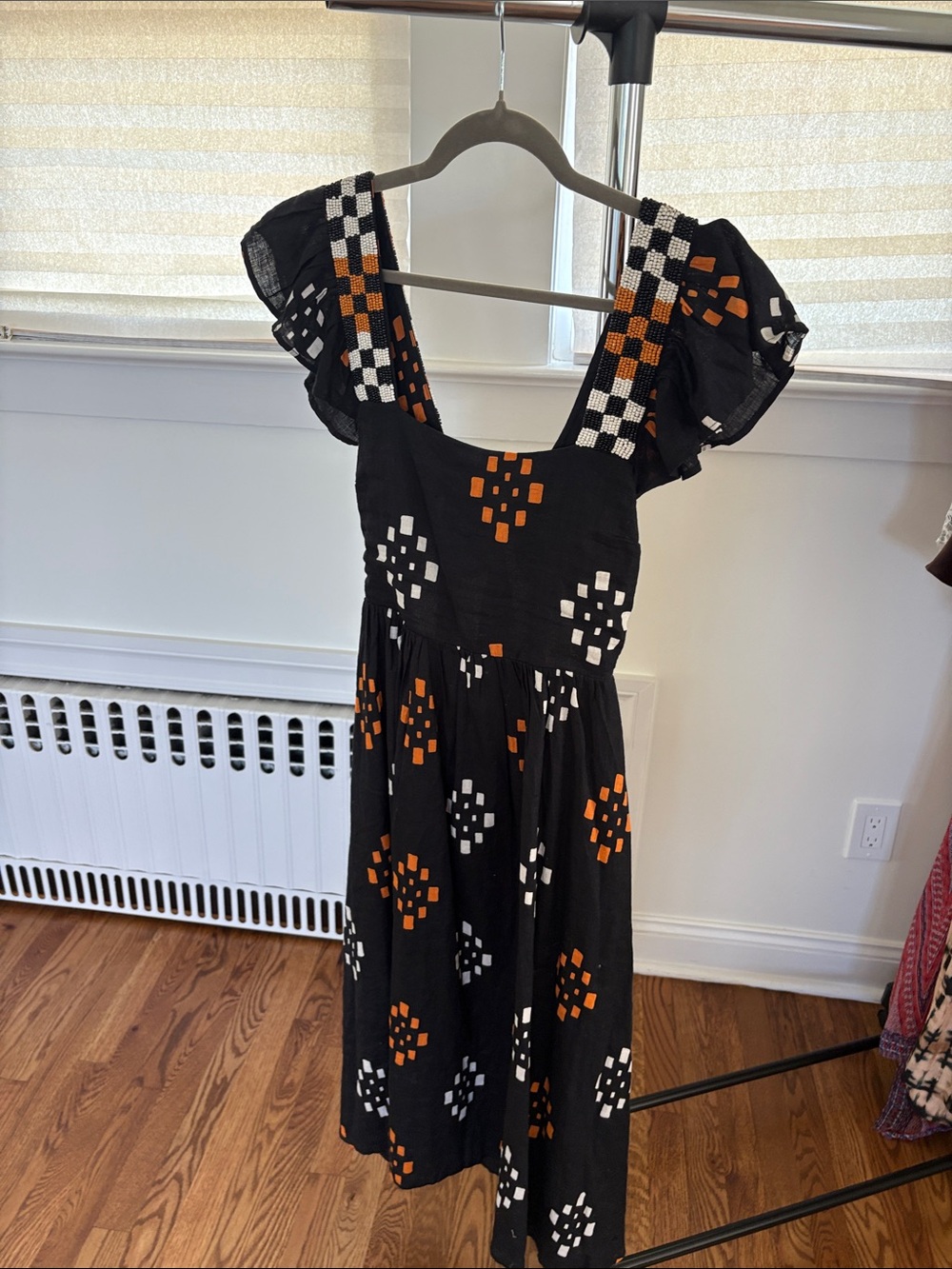 Sezane Black Midi Dress with Orange and White Geometric Motifs and beading